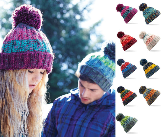 Corkscrew pom pom beanie BC486 | Colourful Warm Winter Beanie Hat | Cool Woolly Hat | Multicoloured Beanie