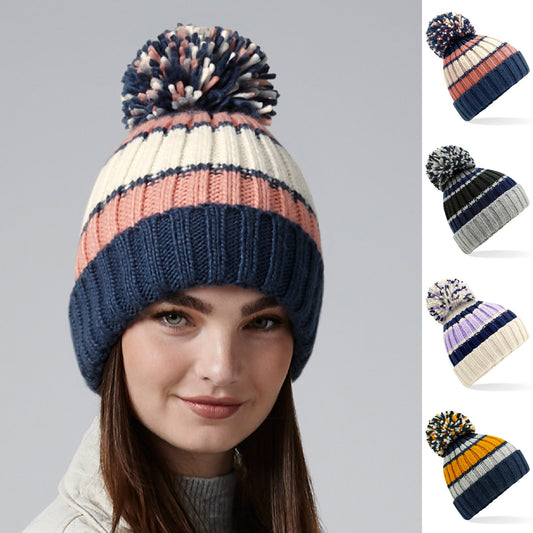 Hygge Striped Pom Pom Beanie BC392 | Warm Winter Beanie Hat | Stylish Scandi Woolly Hat | Striped Beanie