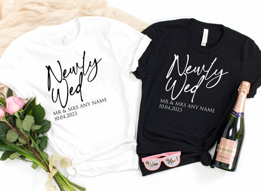 Newly Wed T-Shirt | Personalised Husband and Wife Couples Honeymoon Tshirt | Just Married Matching Wedding Tee
