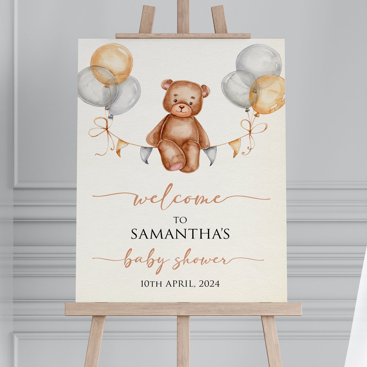 Personalised Baby Shower Welcome Sign TLPCBS001 Physical or Digital, Bear Balloon Gender Neutral Hot-Air Balloon Baby Shower Sign