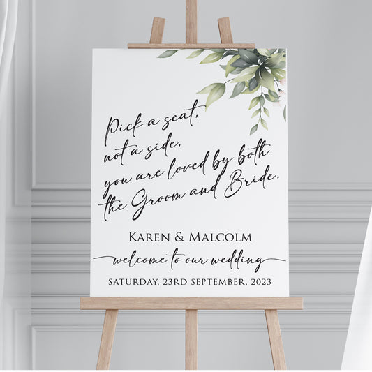 Personalised Wedding Welcome Sign TLPCW005 Physical or Digital, A1 or A2 Portrait Welcome Board for Wedding Easel, Pick a seat not a side