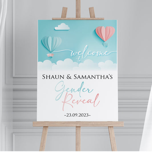 Personalised Gender Reveal Welcome Sign TLPCGR001 Physical or Digital, Blue Pink Hot-Air Balloon Baby Shower Sign