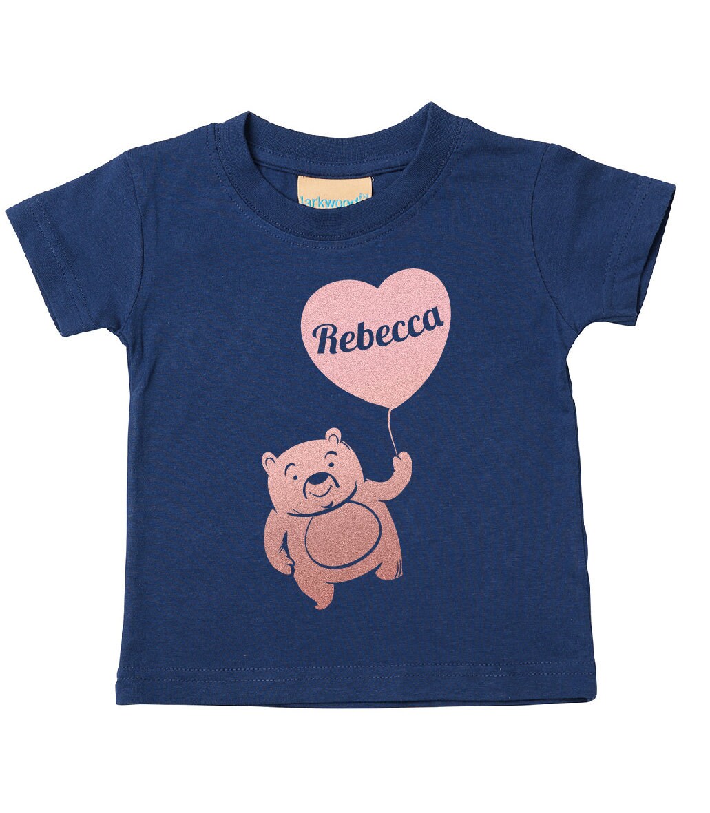 Personalised Rose Gold Print Teddy Bear with Balloon Kids T-Shirt | Personalised Kids Tshirt with Any Name | Heart T-shirt