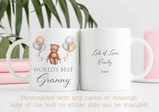 Cute Teddy Bear Pink Balloons World's Best Granny Mug B | Personalised Mother's Day Gift Mug | Cup | Gran | Nana