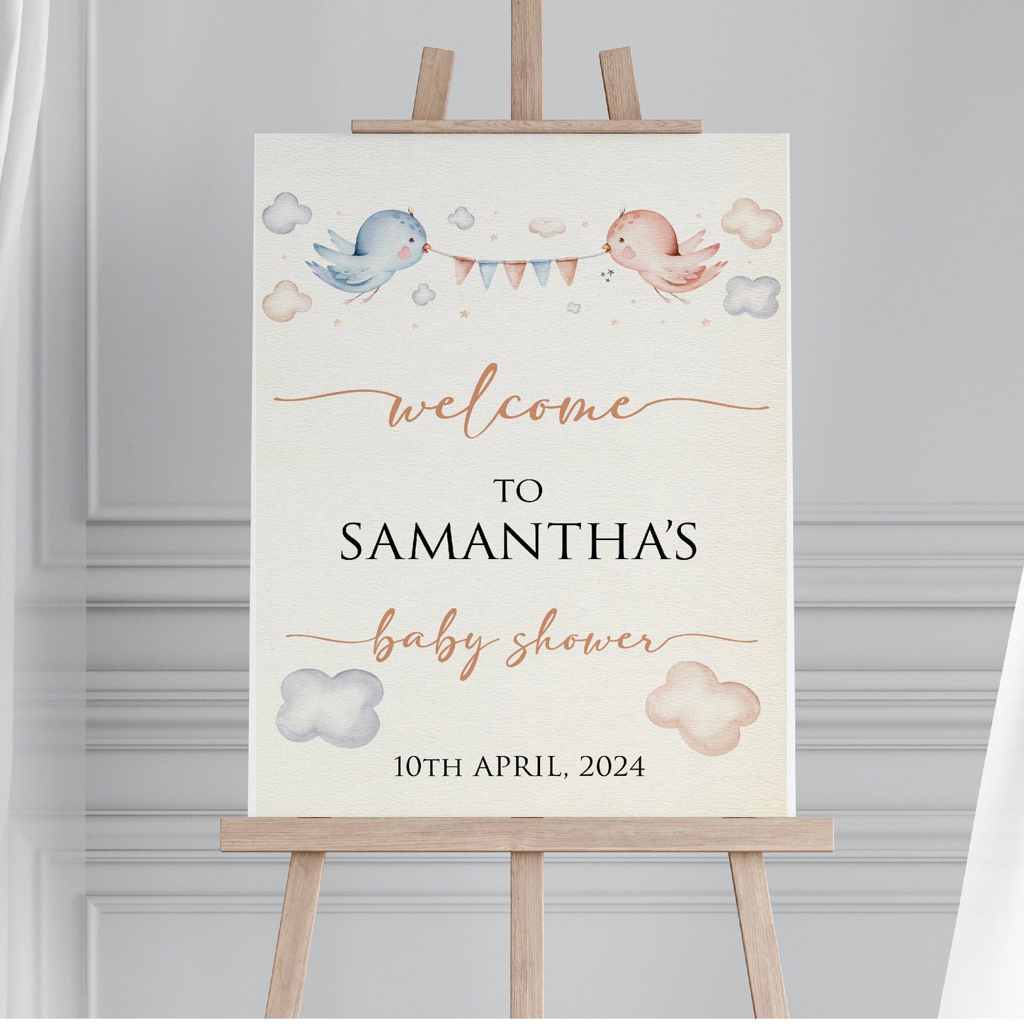 Personalised Baby Shower Welcome Sign TLPCBS004 Physical or Digital, Birds and Bunting Clouds Gender Neutral Baby Shower Sign