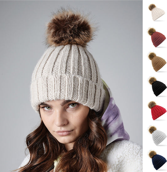 Faux Fur Pom Pom Chunky Beanie BC412 | Warm Winter Beanie Hat | Stylish Pom Pom Woolly Hat