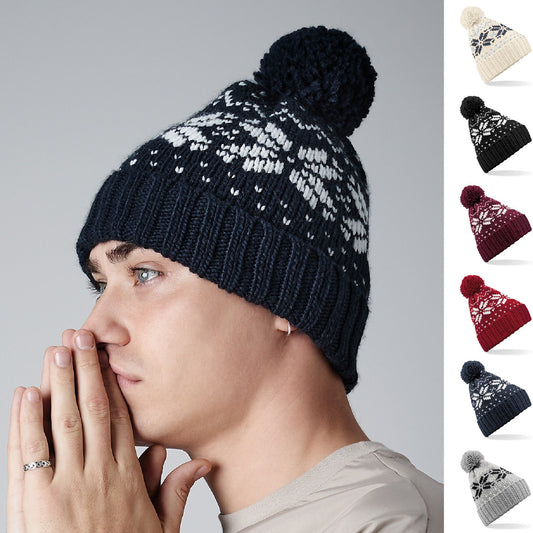 Snowstar Fair Isle Pom Pom Beanie BC456 | Warm Winter Beanie Hat | Stylish Scandi Woolly Hat | Big Pom Pom Beanie