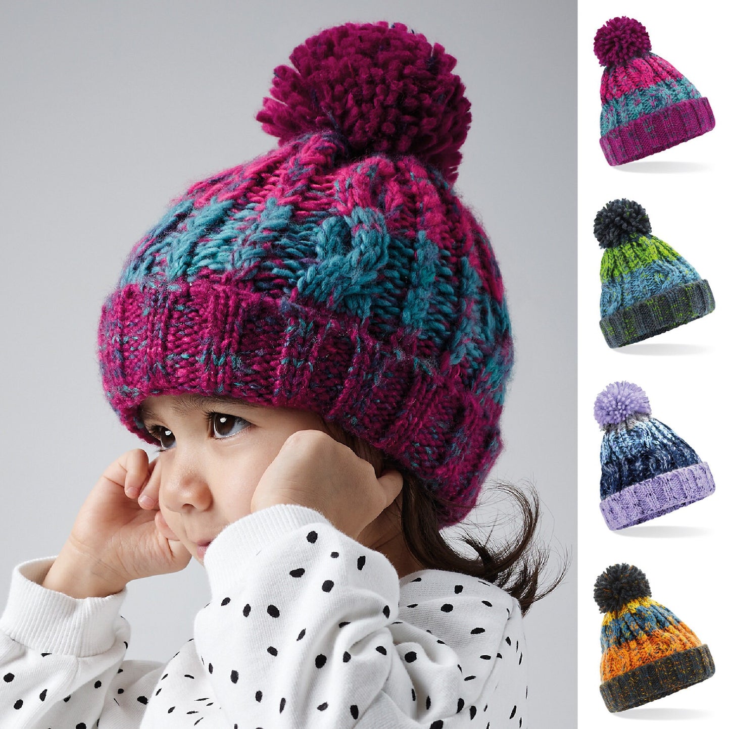 Kids Corkscrew pom pom beanie BC486A | Colourful Warm Children's Winter Beanie Hat | Multicoloured Beanie | Kids Beanie