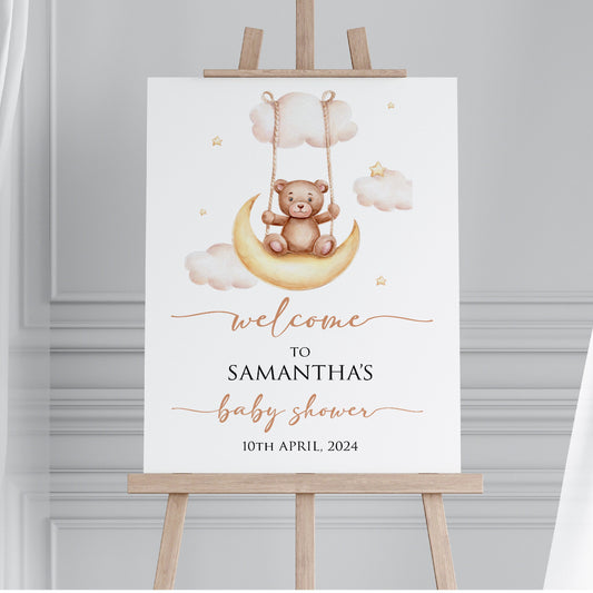 Personalised Baby Shower Welcome Sign TLPCBS002 Physical or Digital, Bear Balloon Gender Neutral Hot-Air Balloon Baby Shower Sign