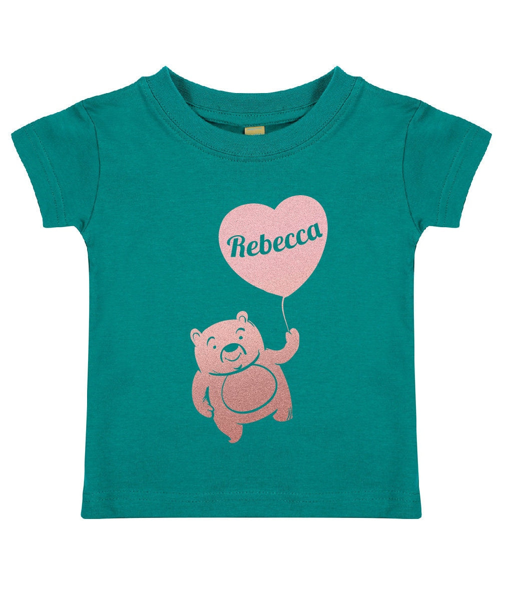 Personalised Rose Gold Print Teddy Bear with Balloon Kids T-Shirt | Personalised Kids Tshirt with Any Name | Heart T-shirt