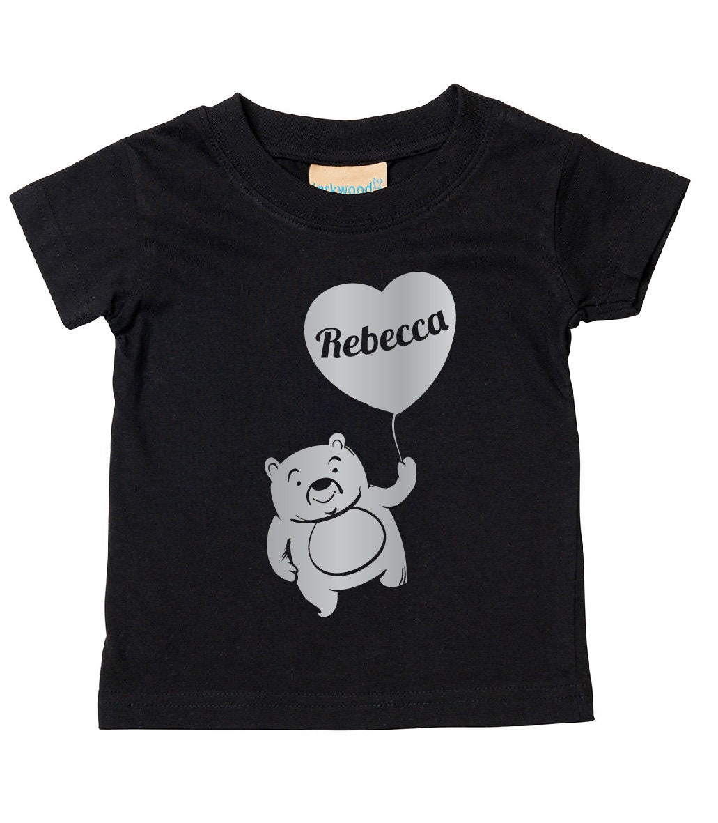 Personalised Silver Print Teddy Bear with Balloon Kids T-Shirt | Personalised Kids Tshirt with Any Name | Heart T-shirt
