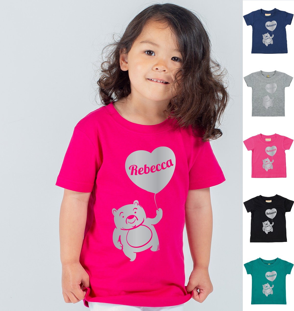 Personalised Silver Print Teddy Bear with Balloon Kids T-Shirt | Personalised Kids Tshirt with Any Name | Heart T-shirt