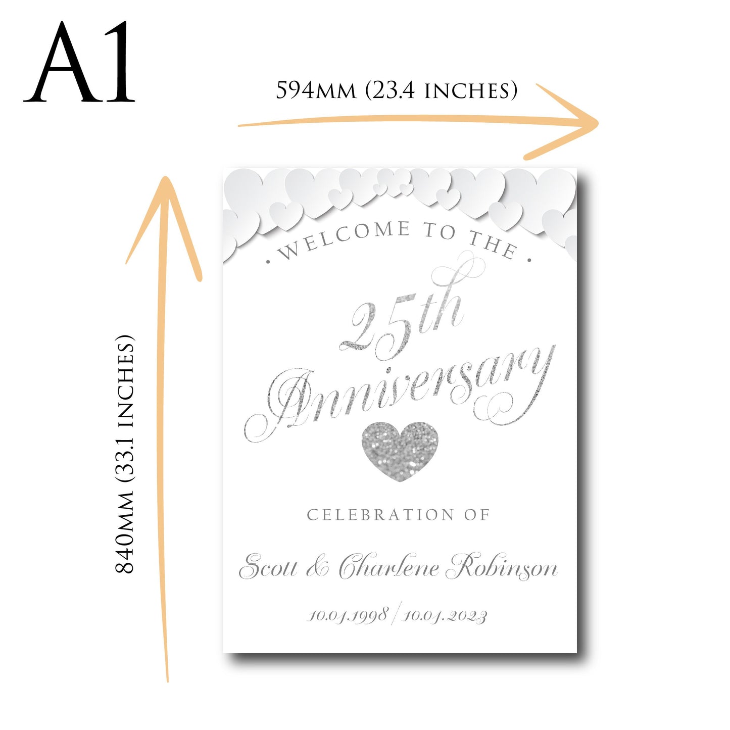 Personalised 25th Wedding Anniversary Welcome Sign TLPCSW0001 Physical or Digital, A1 or A2 Portrait Welcome Board for Silver Wedding