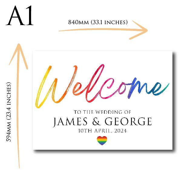 Personalised Wedding Welcome Sign Rainbow TLPCW009 Physical or Digital, A1 or A2 Landscape Welcome Board Same Sex Wedding Gift