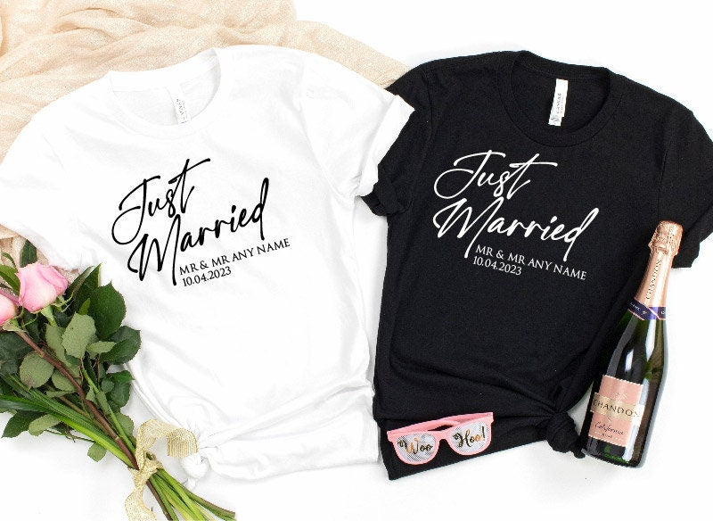 Personalised Just Married T-Shirt | Husband and Wife Couples Honeymoon Tshirt | Finally Matching Wedding Tee