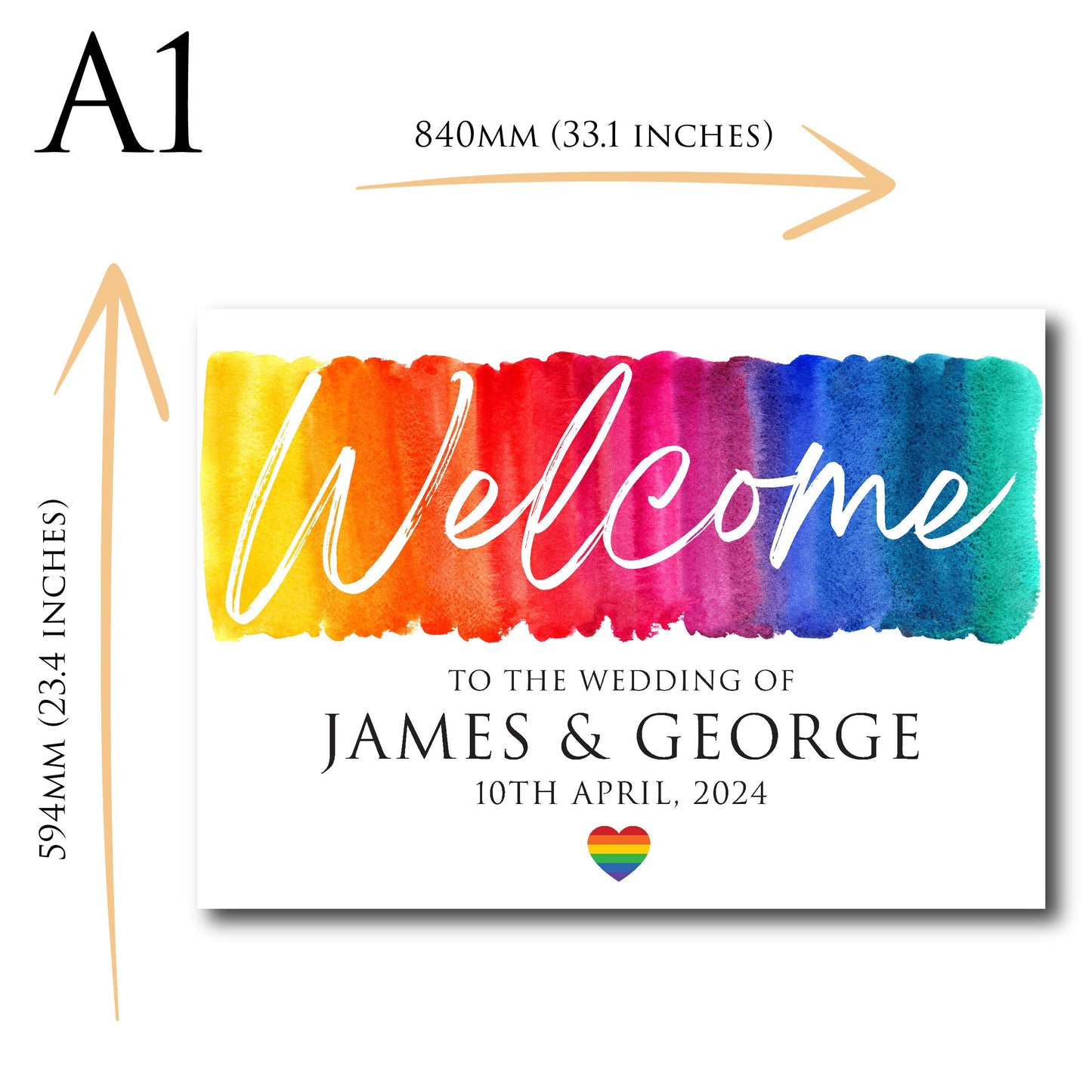 Personalised Wedding Welcome Sign Rainbow TLPCW010 Physical or Digital, A1 or A2 Landscape Welcome Board Same Sex Wedding Gift