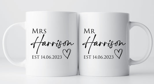 Personalised Mr Mrs Any Name in Script Matching Mugs | Couples Wedding Gift | Anniversary Mugs