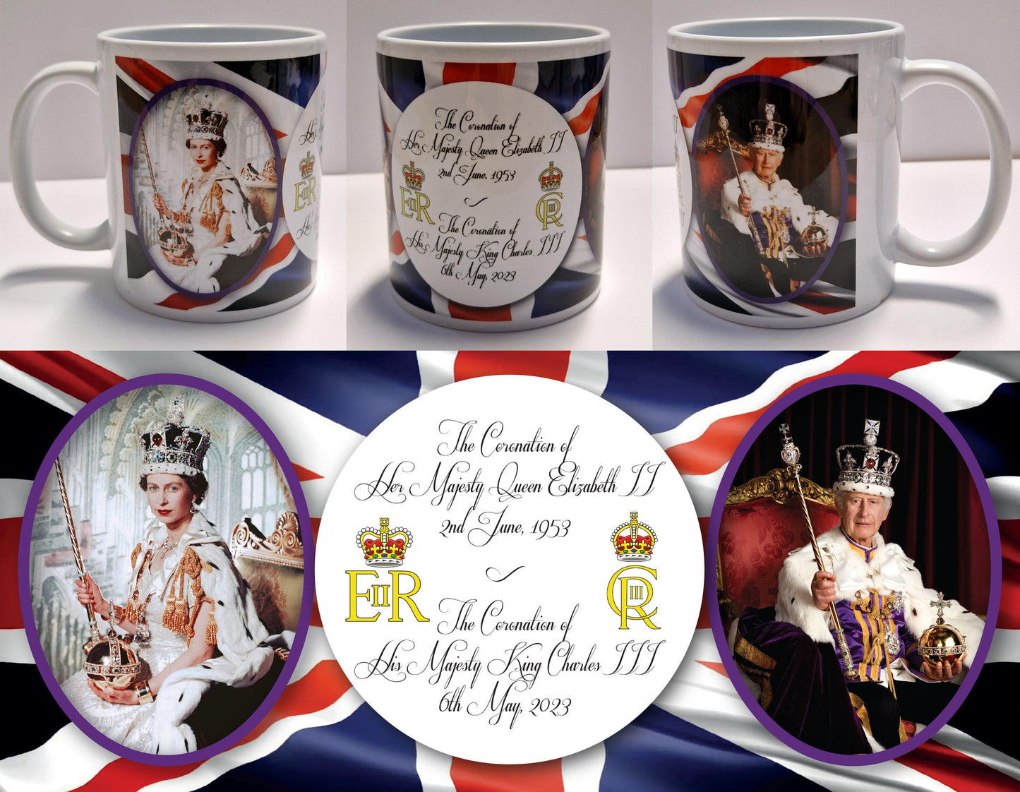 CORONATIONS of Her Majesty Queen Elizabeth II and His Majesty King Charles III - Tribute Commemorative Mug U