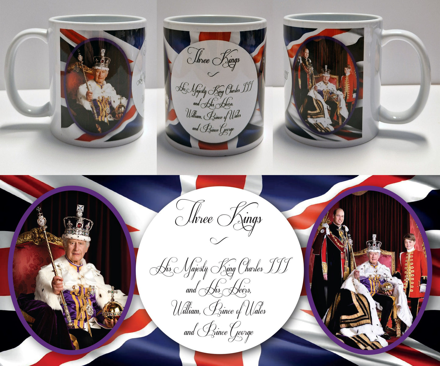 THREE KINGS His Majesty King Charles III with William, Prince of Wales and Prince George - Tribute Commemorative Mug T
