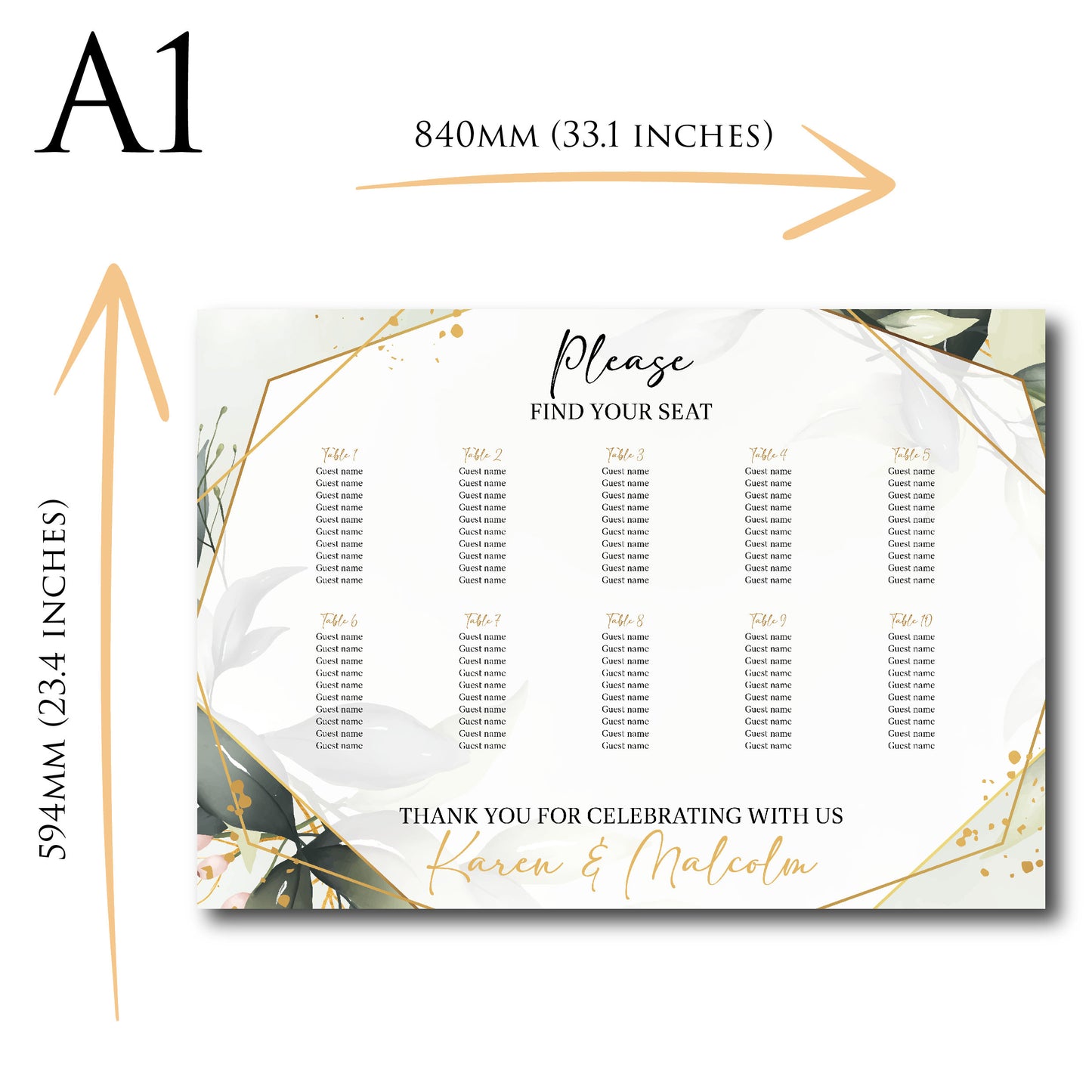 Personalised Wedding Seating Plan Board | Table Plan Welcome Sign SP001 Physical or Digital, A1 or A2 Landscape Welcome Board for Wedding