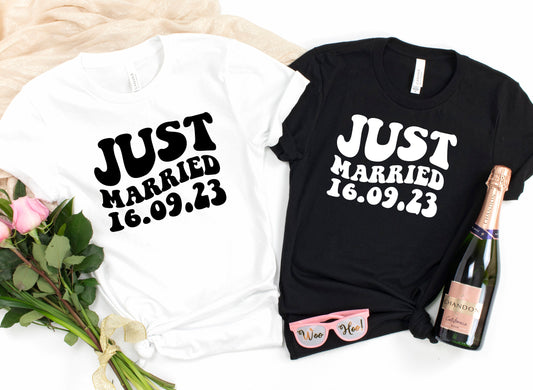 Personalised Just Married Retro Style T-Shirt Z | Husband and Wife Couples Honeymoon Tshirt | Finally Matching Wedding Tee