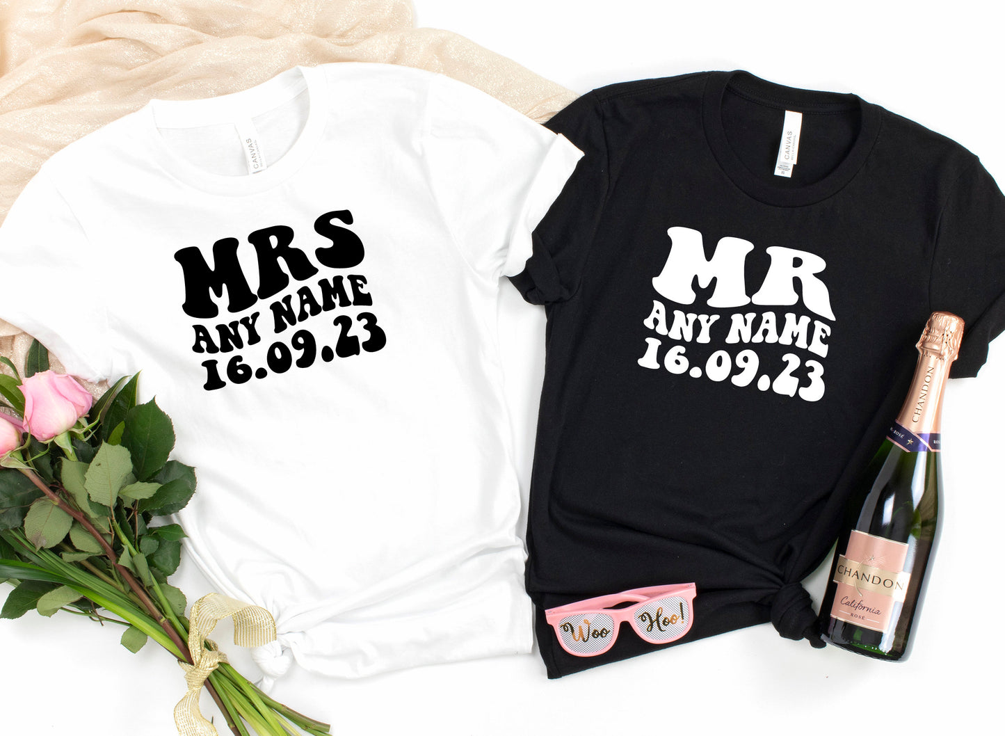 Mr Mrs Est. Personalised Name & Date Retro Style T-Shirt Z | Husband and Wife Couples Honeymoon Tshirt | Finally Matching Wedding Tee