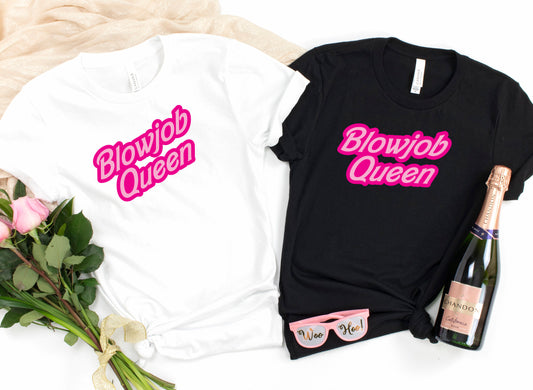 PINK Print Blowjob Queen T-Shirt, Funny Rude Ladies or Unisex Tee Top, Offensive Joke Birthday Hen Party